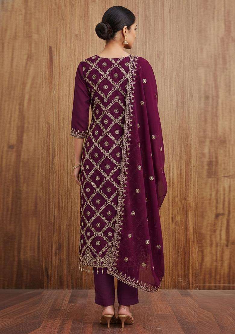 Maroon Embroidery Georgette Kurta Set - Indya