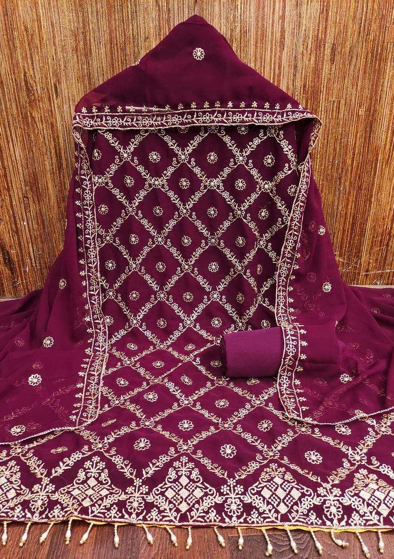 Maroon Embroidery Georgette Kurta Set - Indya