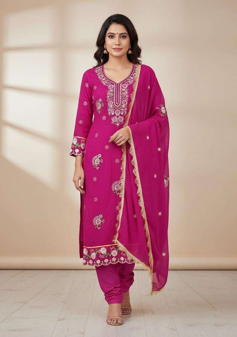 Pink Embroidery Georgette Kurta Set - Indya