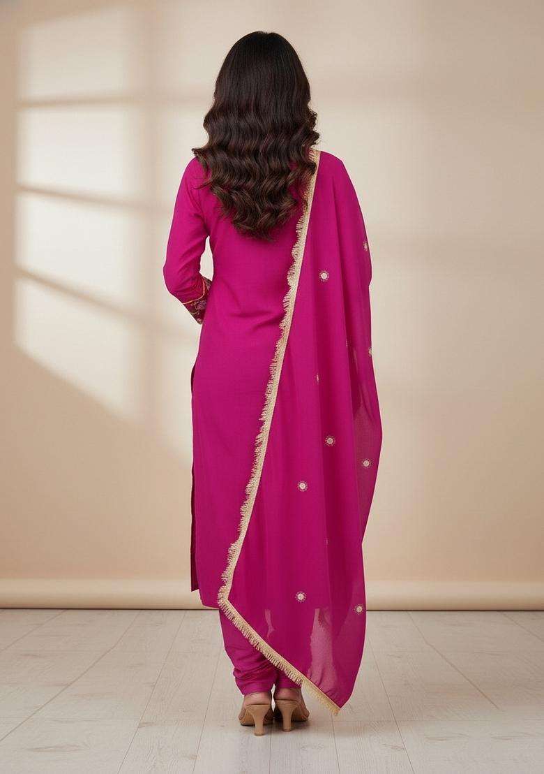 Pink Embroidery Georgette Kurta Set - Indya