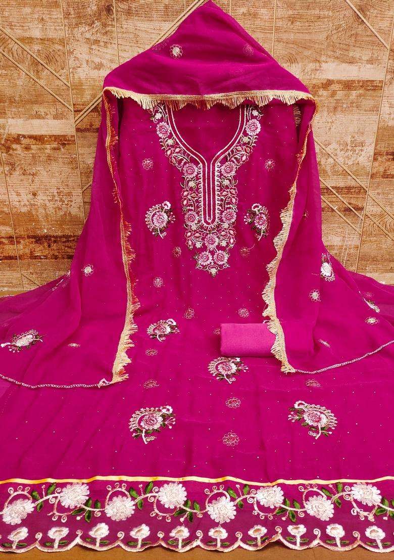 Pink Embroidery Georgette Kurta Set - Indya
