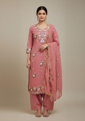 Peach Embroidery Georgette Kurta Set