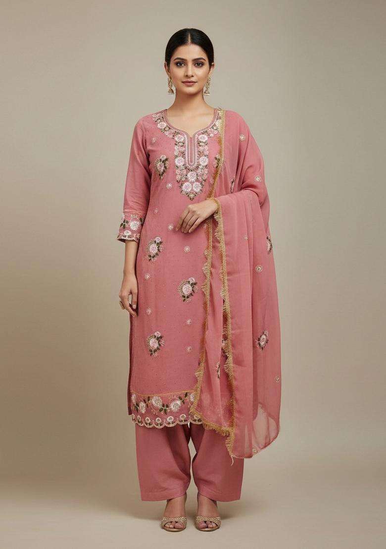 Peach Embroidery Georgette Kurta Set - Indya