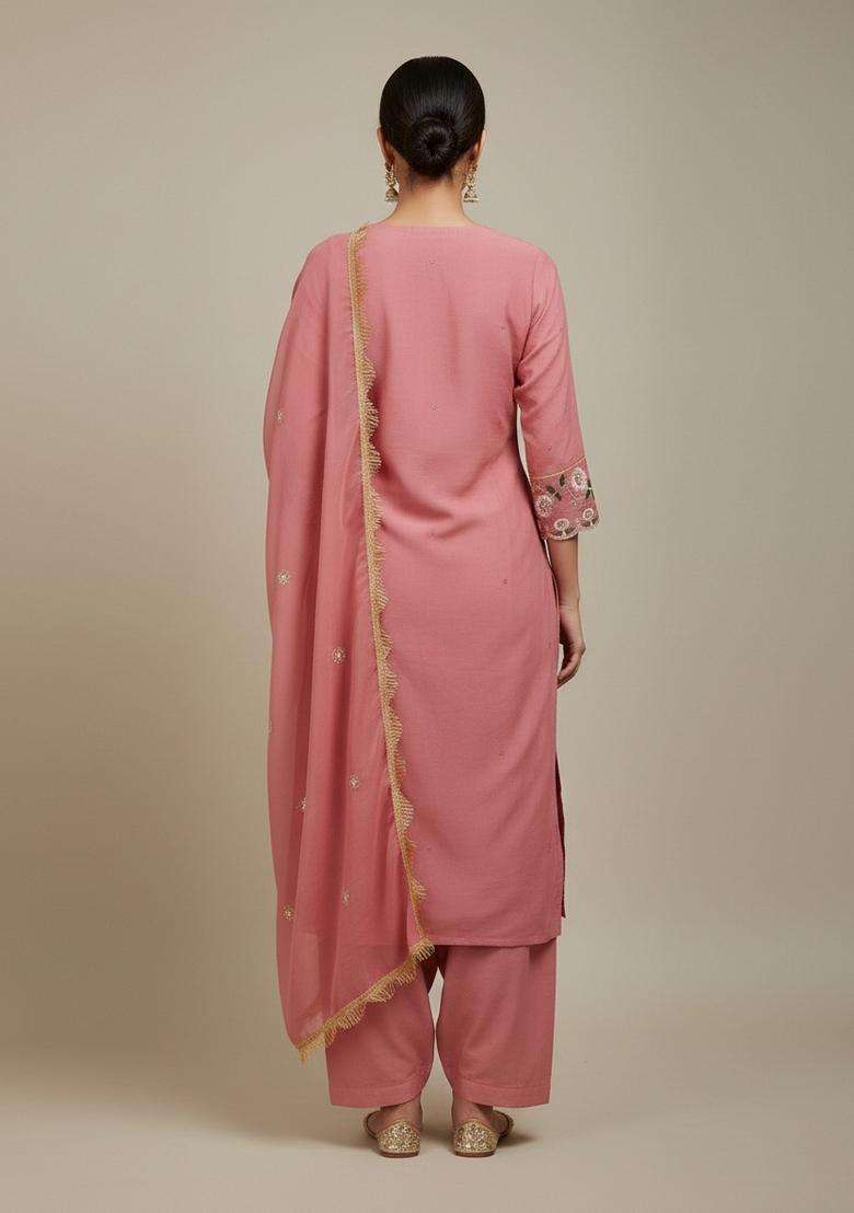 Peach Embroidery Georgette Kurta Set - Indya