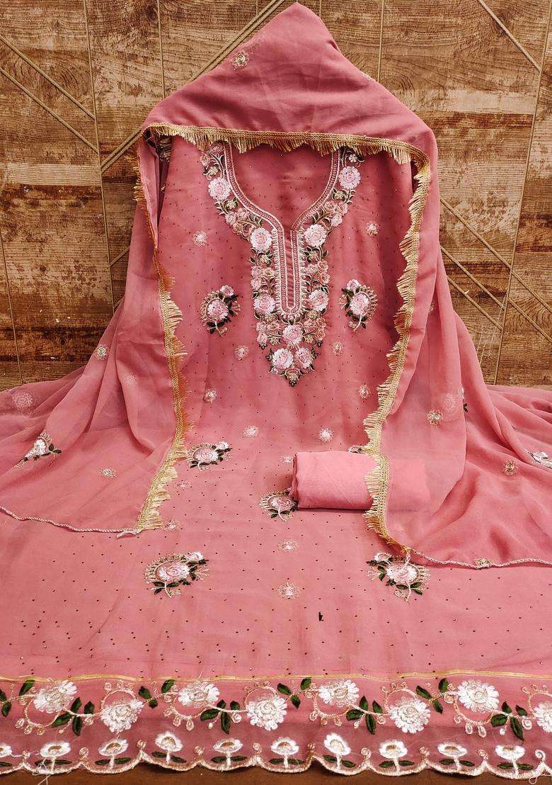 Peach Embroidery Georgette Kurta Set - Indya