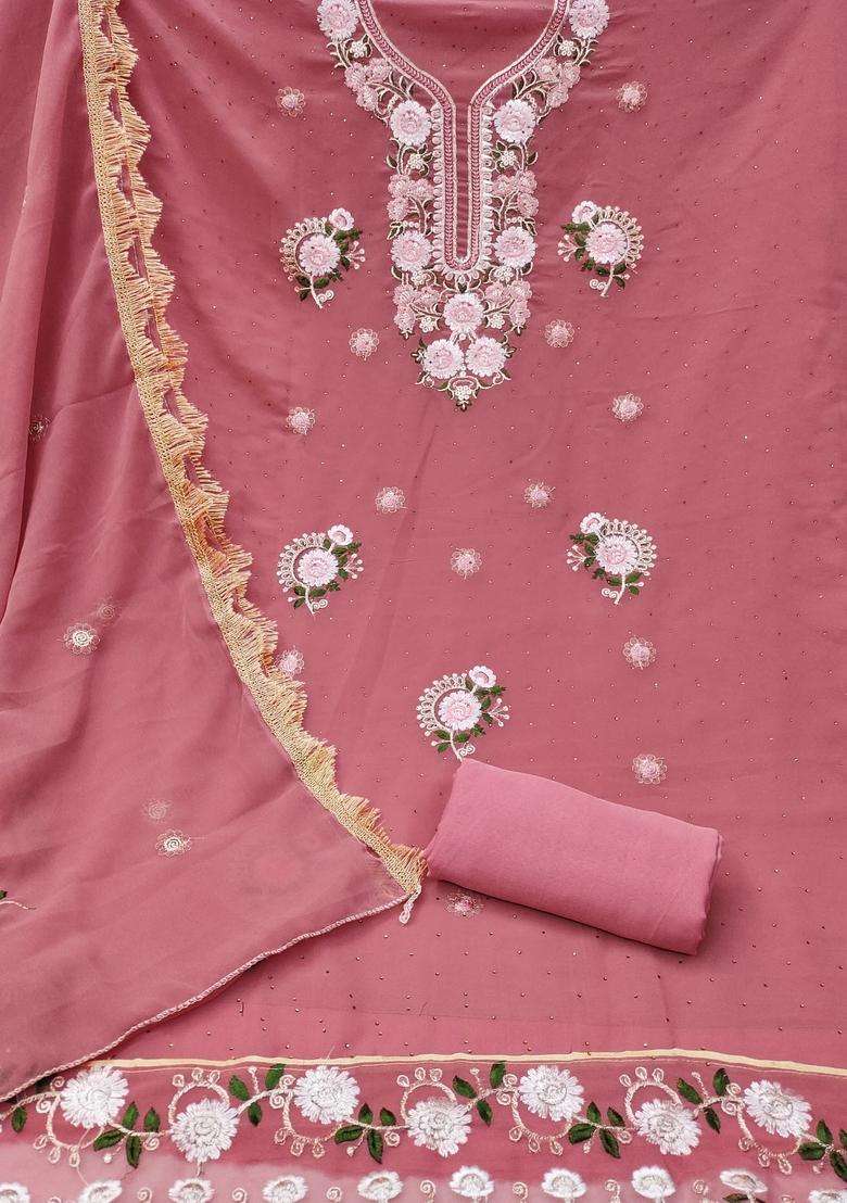 Peach Embroidery Georgette Kurta Set - Indya