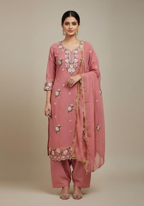 Peach Embroidery Georgette Kurta Set