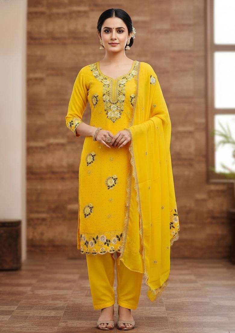 Yellow Embroidery Georgette Kurta Set - Indya