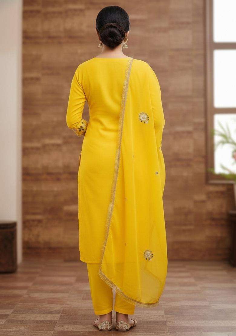 Yellow Embroidery Georgette Kurta Set - Indya