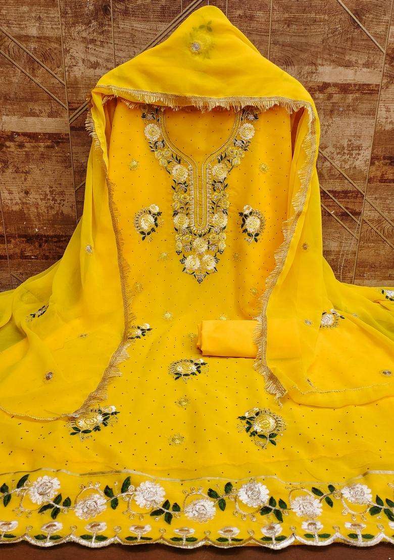 Yellow Embroidery Georgette Kurta Set - Indya