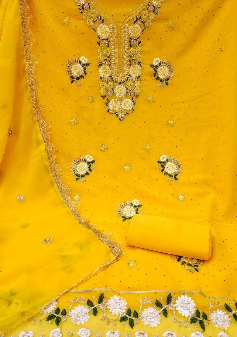 Yellow Embroidery Georgette Kurta Set - Indya