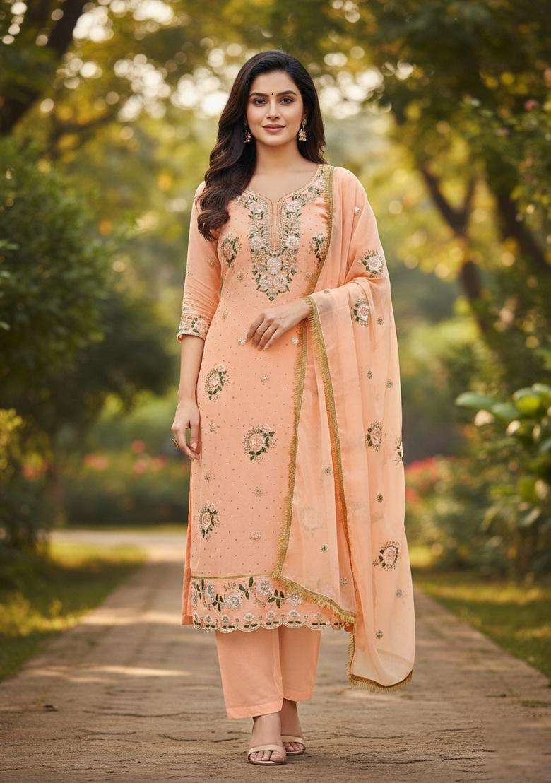 Orange Embroidery Georgette Kurta Set - Indya