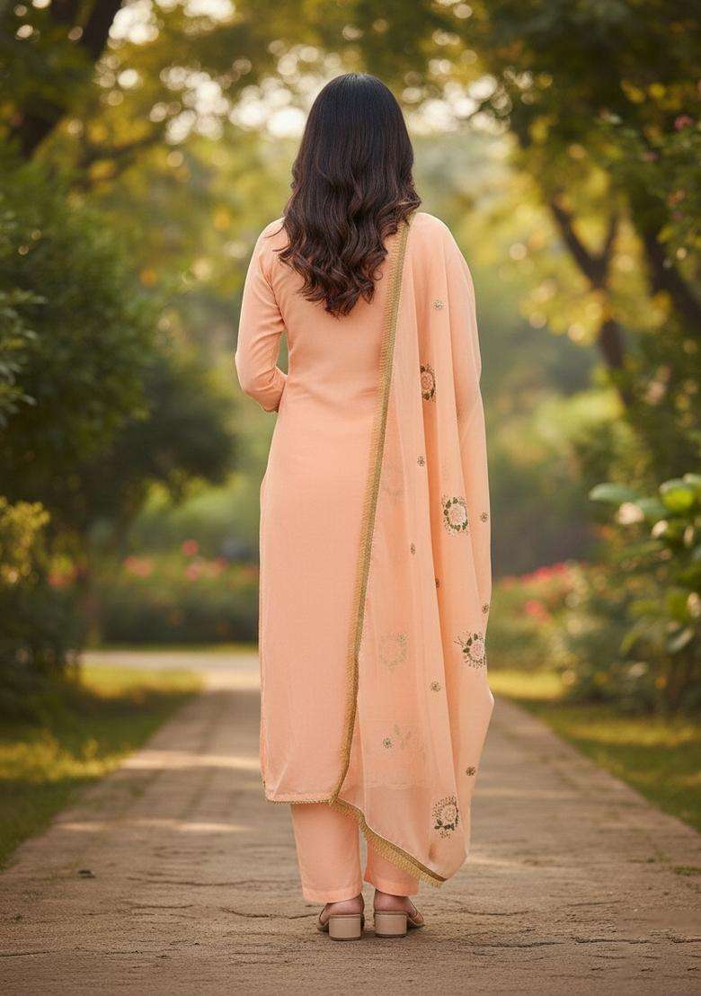 Orange Embroidery Georgette Kurta Set - Indya