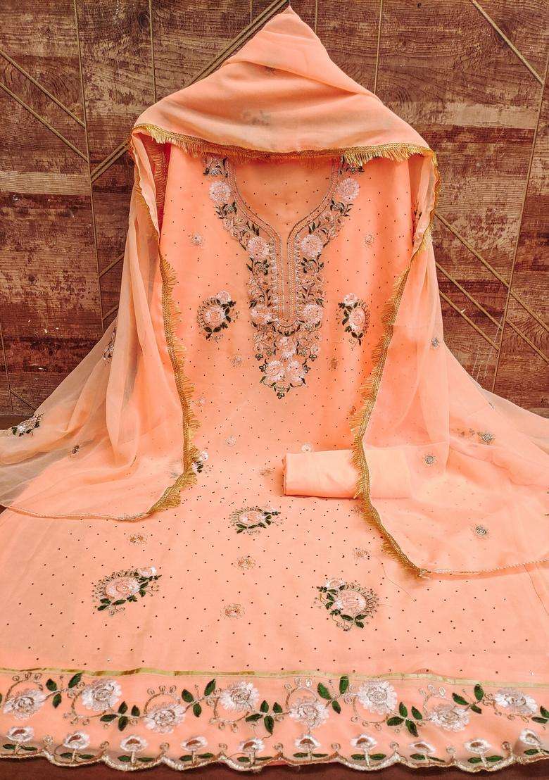 Orange Embroidery Georgette Kurta Set - Indya