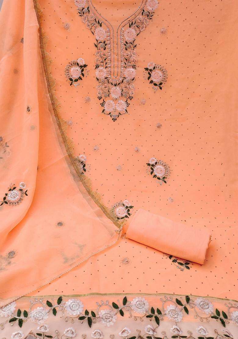 Orange Embroidery Georgette Kurta Set - Indya