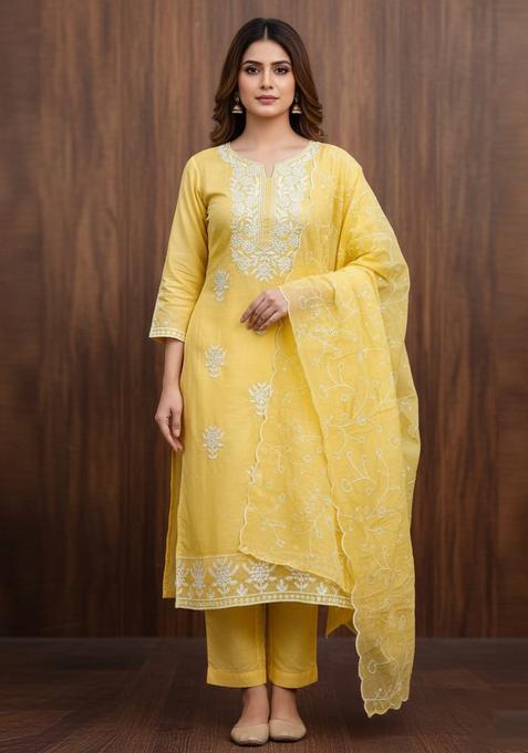 Yellow Embroidery Chanderi Kurta Set