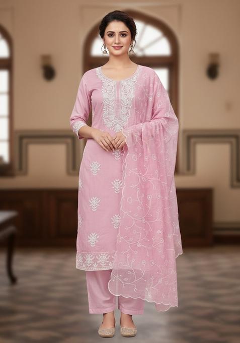 Pink Embroidery Chanderi Kurta Set