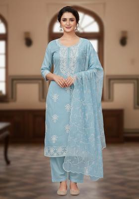 Blue Embroidery Chanderi Kurta Set