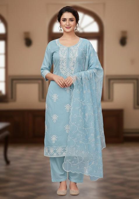 Blue Embroidery Chanderi Kurta Set