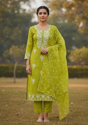 Mustard Embroidery Chanderi Kurta Set