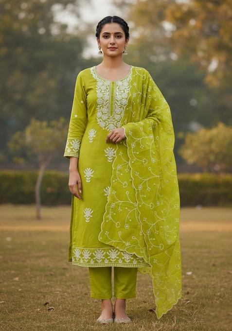 Mustard Embroidery Chanderi Kurta Set