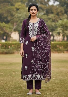 Purple Embroidery Chanderi Kurta Set
