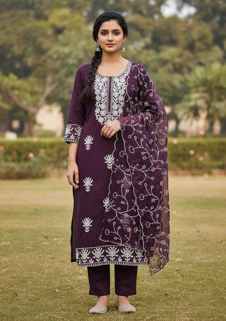 Purple Embroidery Chanderi Kurta Set - Indya