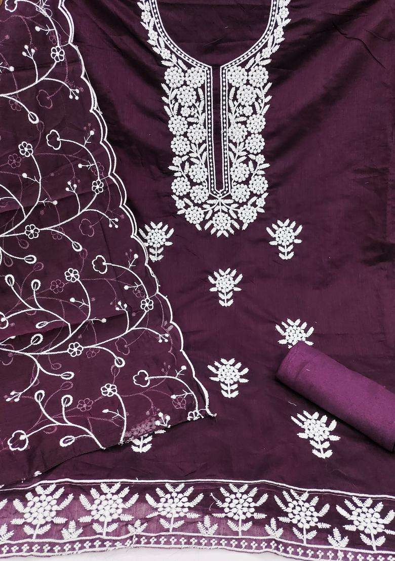 Purple Embroidery Chanderi Kurta Set - Indya