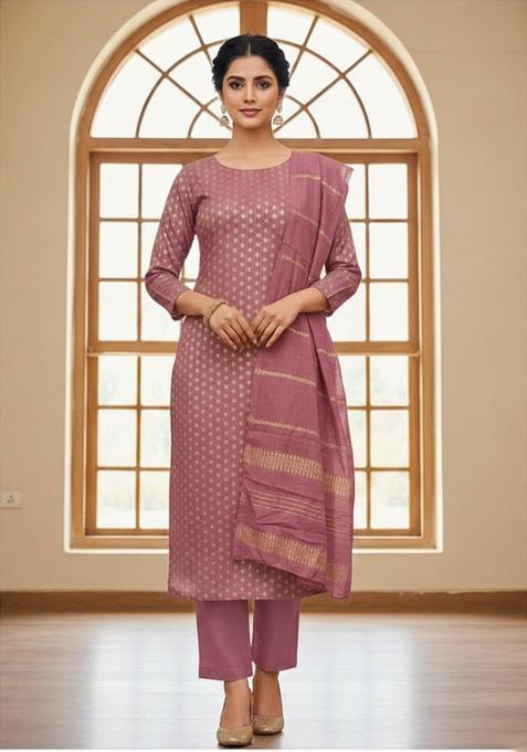 Peach Embroidery Banarasi Kurta Set