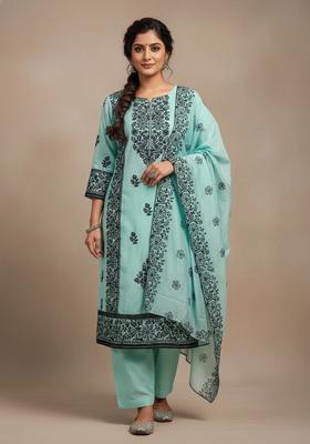Blue Embroidery Chanderi Kurta Set