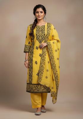 Yellow Embroidery Chanderi Kurta Set