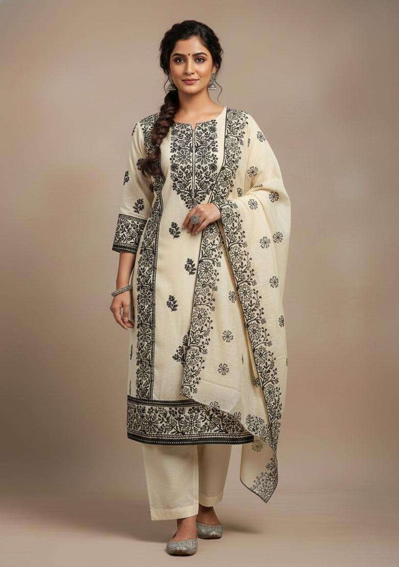 Off White Embroidery Chanderi Kurta Set - Indya