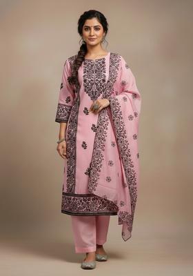 Pink Embroidery Chanderi Kurta Set
