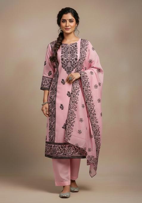 Pink Embroidery Chanderi Kurta Set