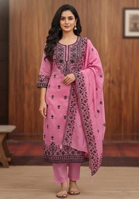 Pink Embroidery Chanderi Kurta Set