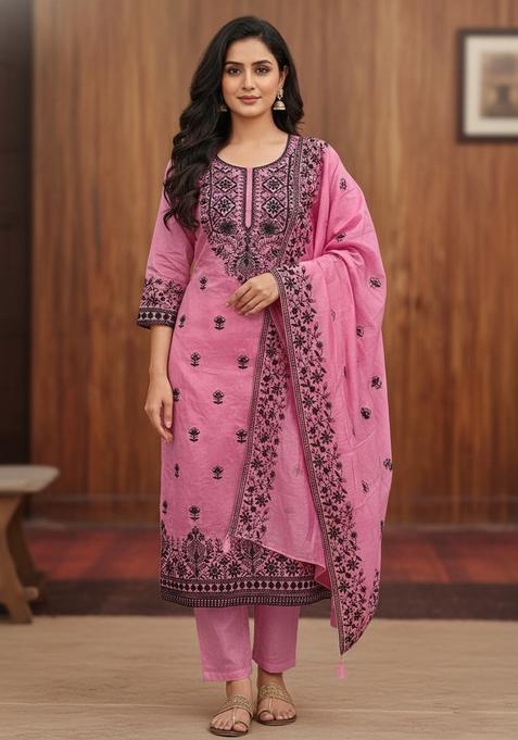 Pink Embroidery Chanderi Kurta Set
