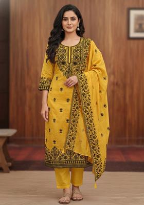 Yellow Embroidery Chanderi Kurta Set