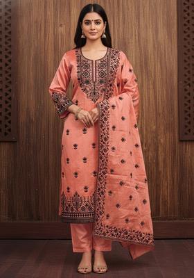 Orange Embroidery Chanderi Kurta Set