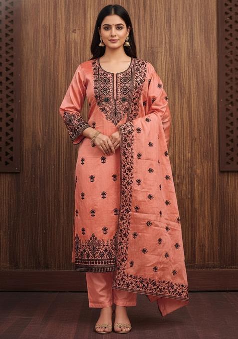 Orange Embroidery Chanderi Kurta Set