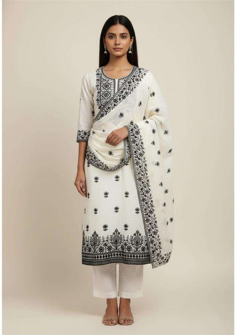 White Embroidery Chanderi Kurta Set - Indya