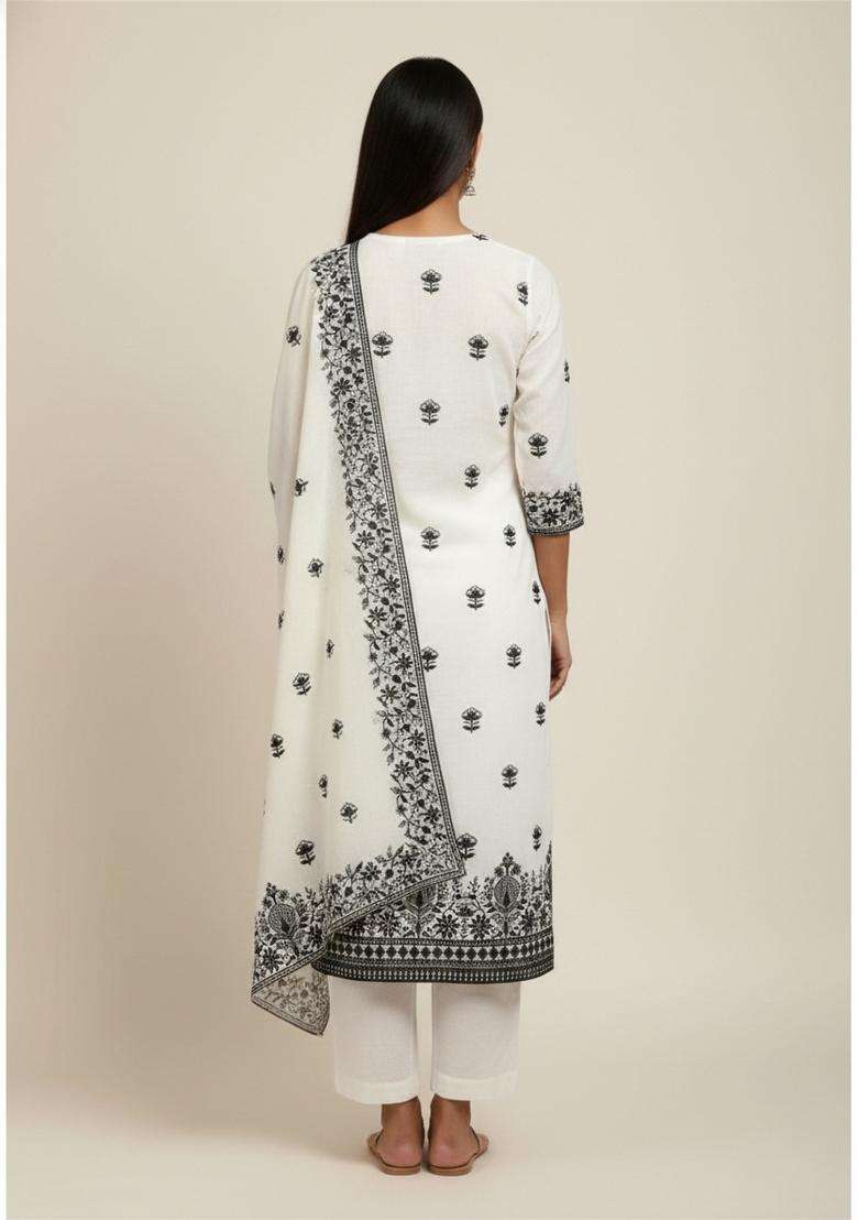 White Embroidery Chanderi Kurta Set - Indya