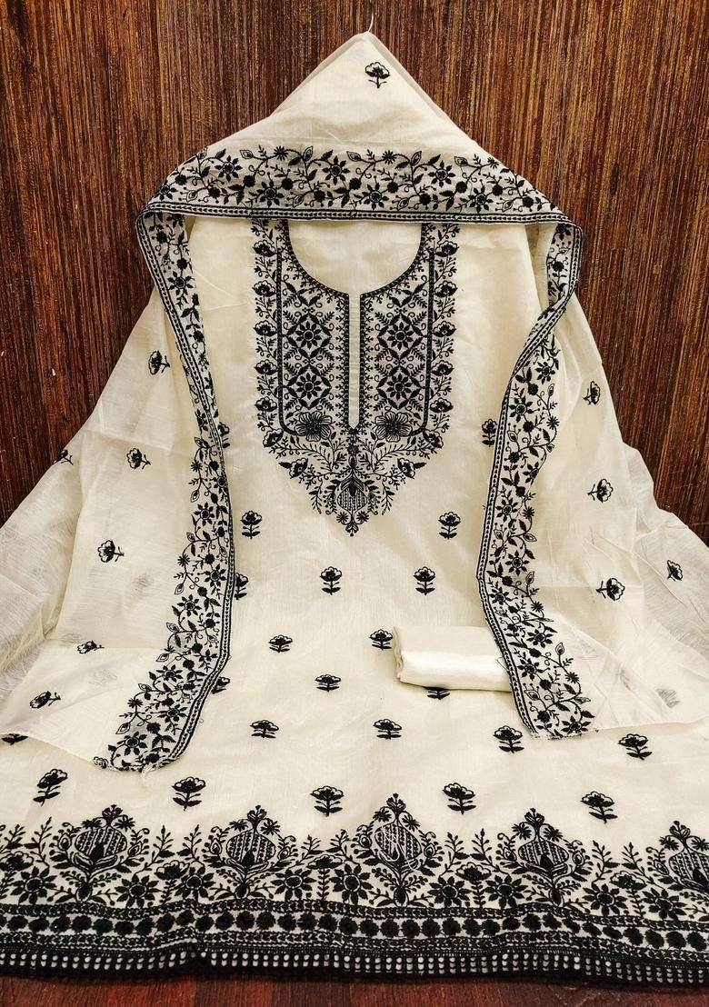 White Embroidery Chanderi Kurta Set - Indya