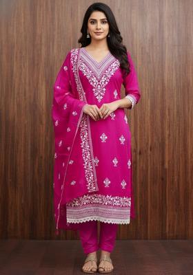Pink Embroidery Chanderi Kurta Set