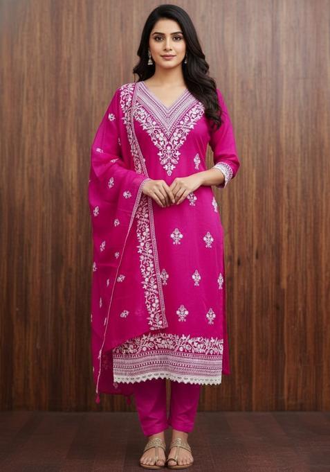 Pink Embroidery Chanderi Kurta Set