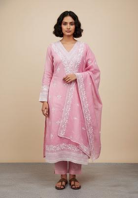 Peach Embroidery Chanderi Kurta Set