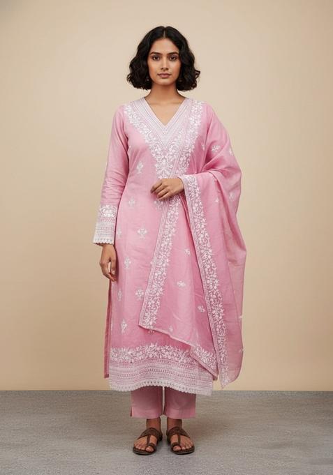 Peach Embroidery Chanderi Kurta Set