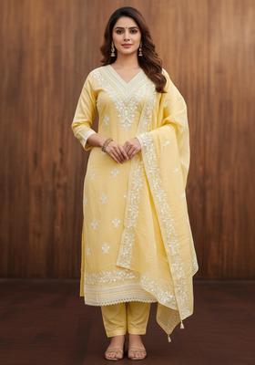 Yellow Embroidery Chanderi Kurta Set