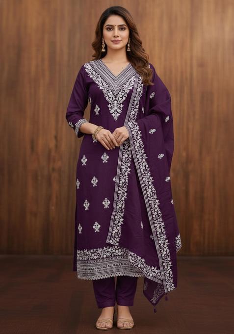 Maroon Embroidery Chanderi Kurta Set