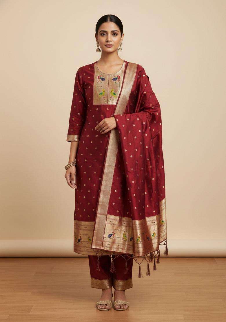 Red Embroidery Silk Kurta Set - Indya