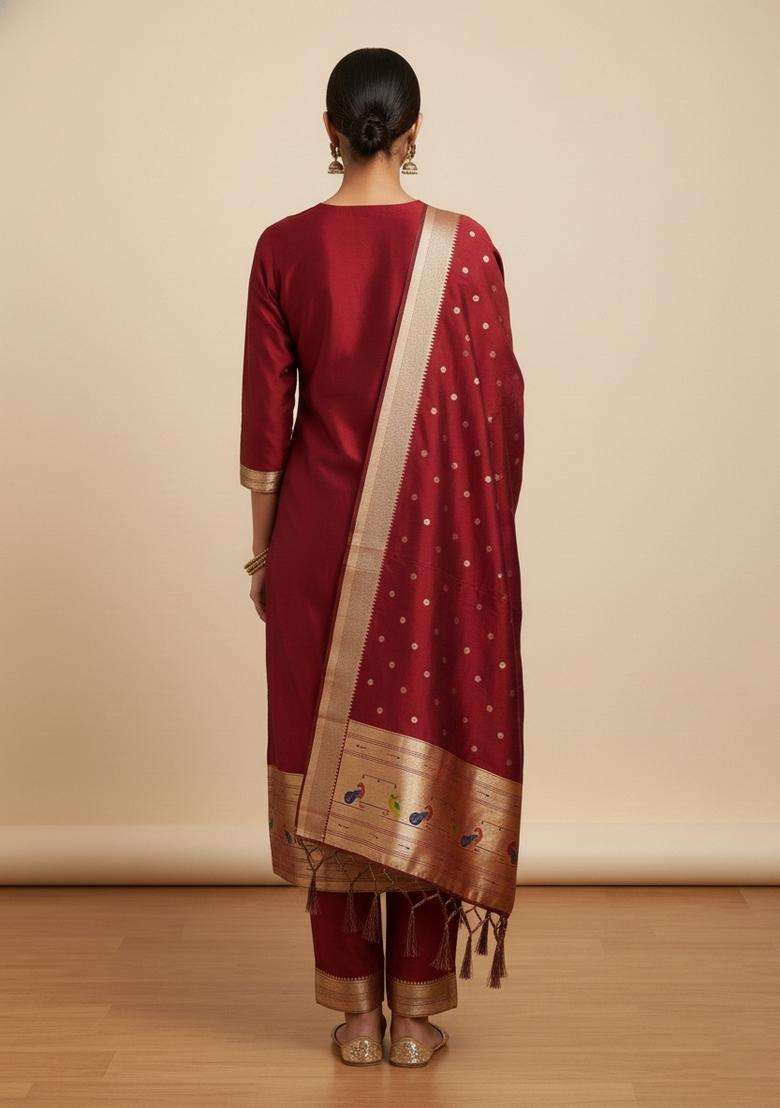 Red Embroidery Silk Kurta Set - Indya